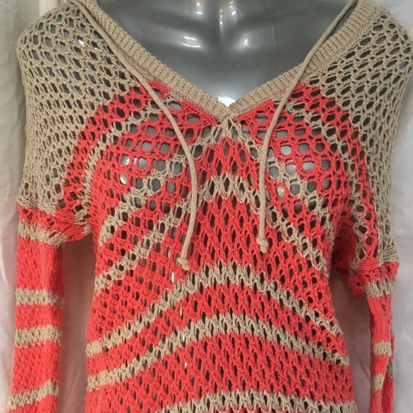 American Eagle Coral Beige Crochet Open Knit Hooded Long Sweater Y2K XS Fairy - Picture 3 of 10